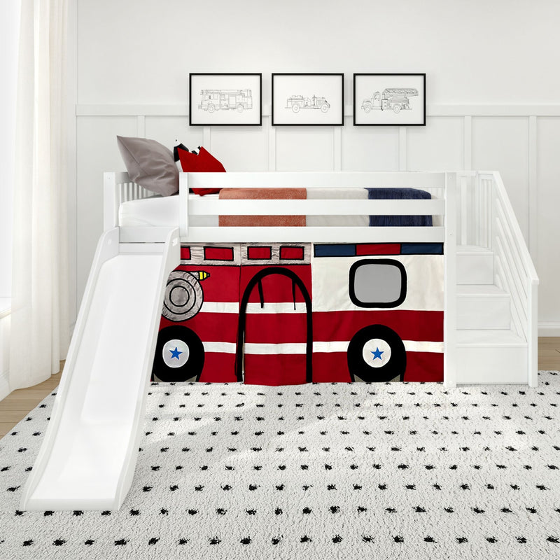 White kids loft bed with slide and red fire truck play curtain, framed fire engine sketches on wall, modern children's bedroom decor