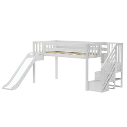 White loft bed with slide and staircase, perfect for children's room furniture.
