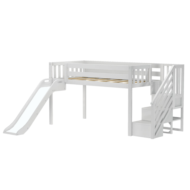 White wooden kids loft bed with slide and storage stairs, safety rails and slatted mattress platform