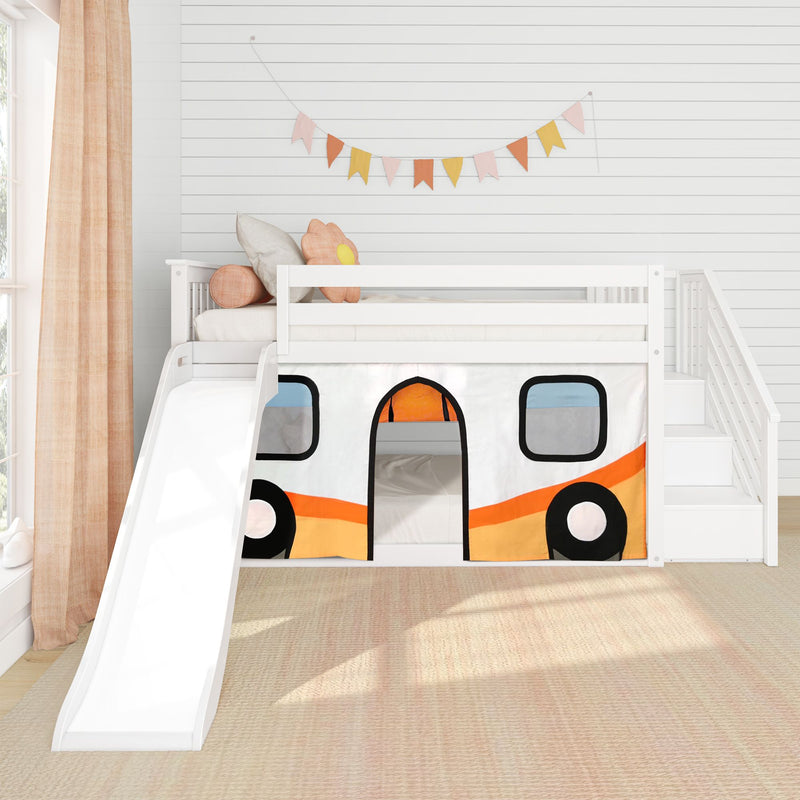White wooden loft bunk bed with slide and orange camper playhouse curtain, pastel bunting and flower pillows in bright kids' bedroom