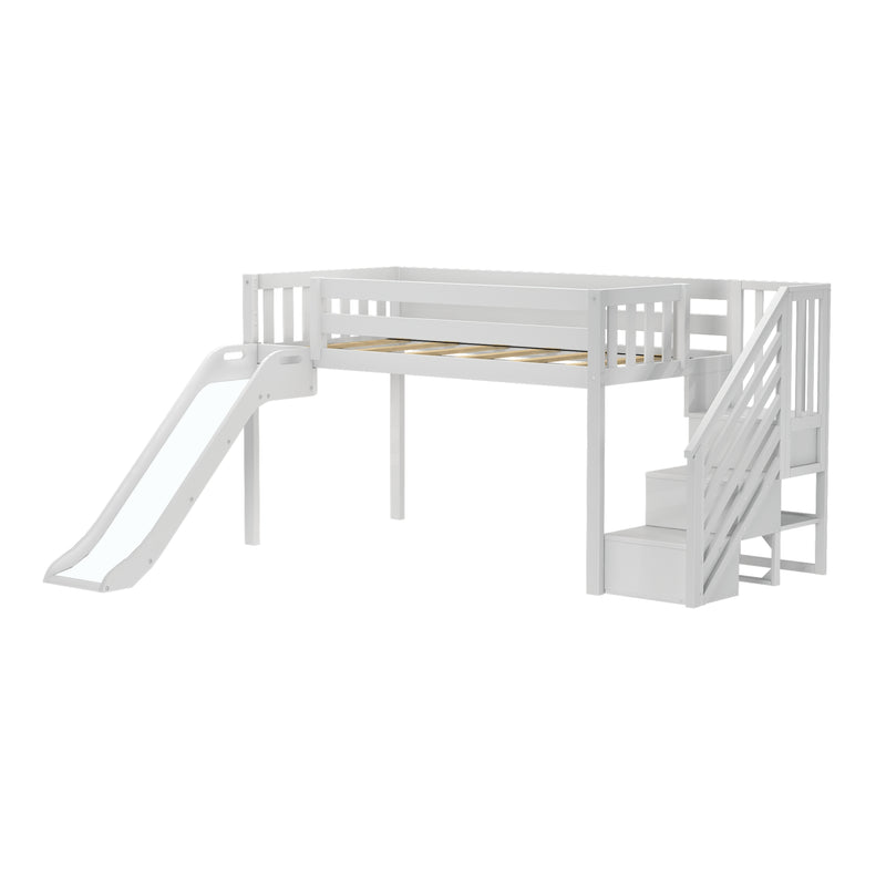 White children's loft bed with slide and staircase for modern kids' bedrooms.