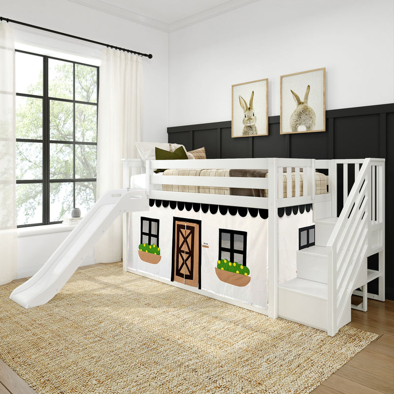 White kids loft bed with slide and playhouse curtain, neutral plaid bedding, black board-and-batten accent wall, framed bunny wall art, sheer window curtains and woven jute rug in modern farmhouse kids bedroom