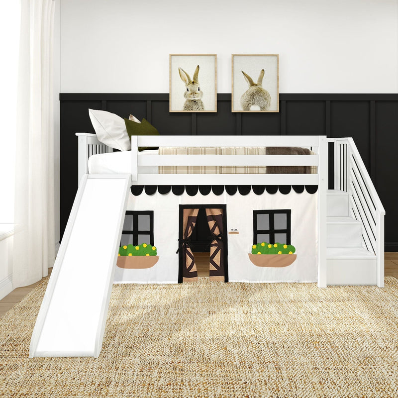 White children's loft bed with slide and stairs, playhouse-style fabric curtain featuring window boxes, neutral nursery decor and framed bunny wall art