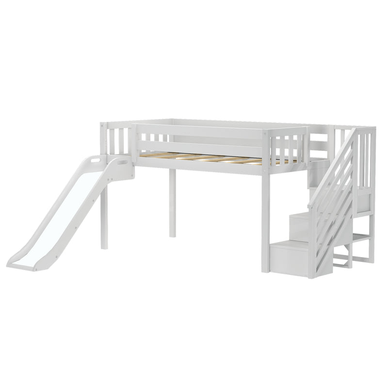 White wooden loft bed for kids with built-in slide, staircase storage drawers and slatted mattress support — space-saving modern play loft