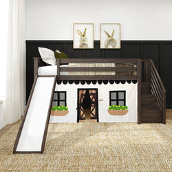 Kids' loft bed with slide and playhouse theme, featuring dark wood frame, displayed in a modern children's bedroom.