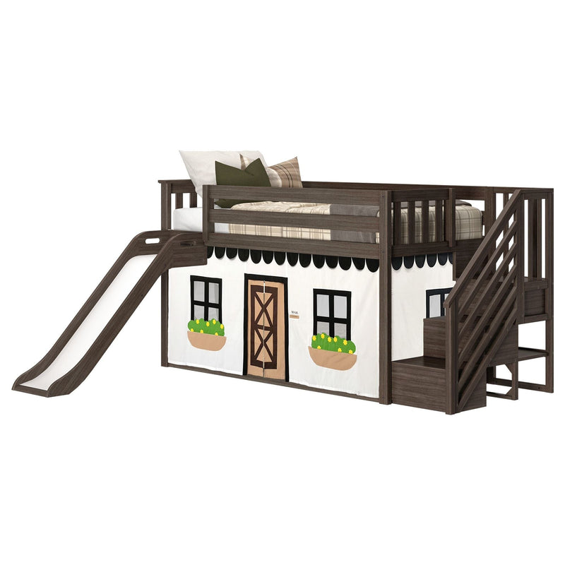 Espresso wood kids loft bed with slide and built-in stairs, twin playhouse bed with fabric tent panels featuring windows and door