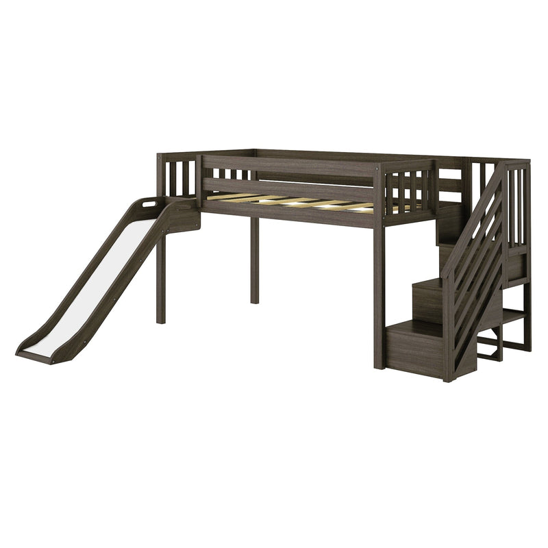Dark gray wooden kids loft bed with slide and built-in storage stairs — space-saving elevated twin playroom bed