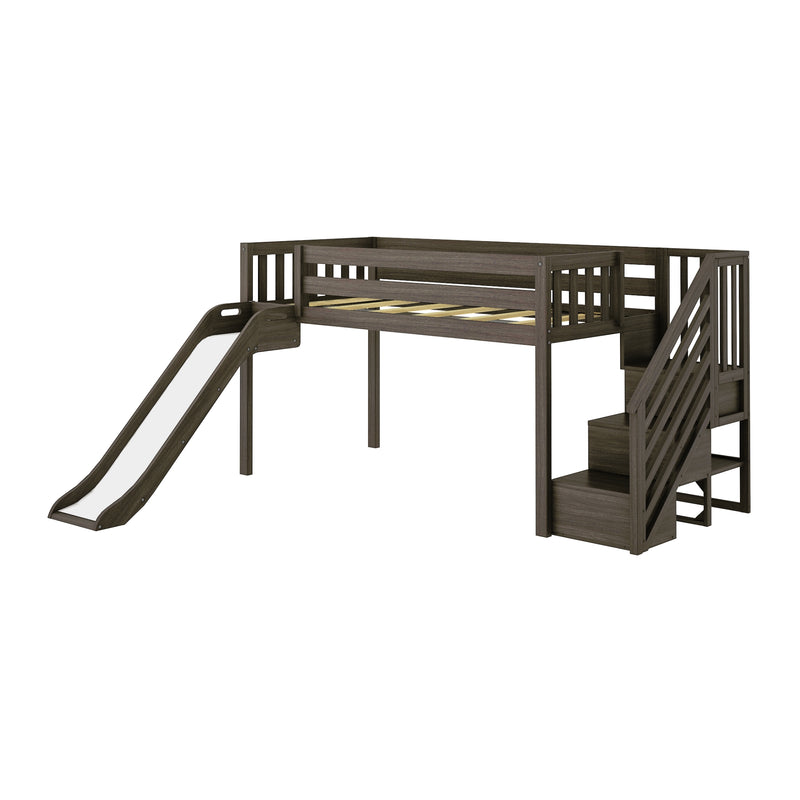 Dark wood kids loft bed with slide and built-in staircase storage, raised platform bed with guardrails and space-saving design