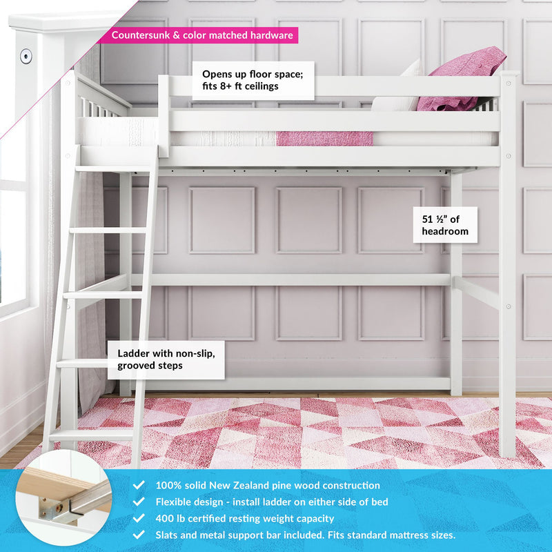 White twin loft bed made from 100% solid New Zealand pine with ladder and guardrail in a pink-accented kids’ room — space-saving design fits 8+ ft ceilings, non-slip grooved steps, 400 lb capacity