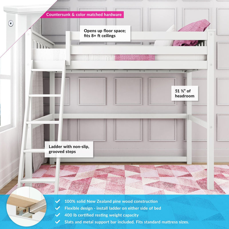White twin loft bed made from 100% solid New Zealand pine with ladder and guardrail in a pink-accented kids’ room — space-saving design fits 8+ ft ceilings, non-slip grooved steps, 400 lb capacity