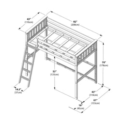Drawing of a loft bed with dimensions, including ladder and guardrails, emphasizing functional design for children's bedrooms.