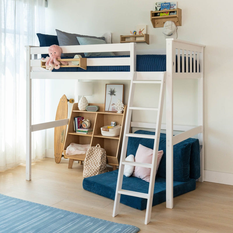 White wooden loft bed with ladder and navy bedding in a modern children's bedroom featuring shelves, skateboard, backpack and stuffed octopus toy