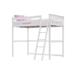 White wooden loft bed with ladder and pink bedding, ideal for small spaces and kids' rooms.