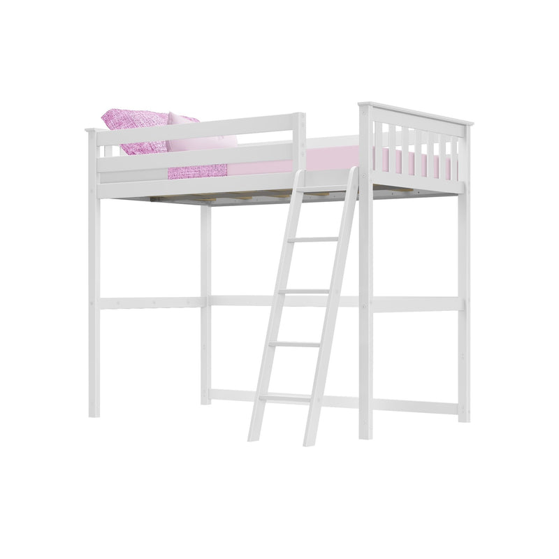 White wooden loft bed with ladder and safety rails and pink bedding, modern kids' elevated bed for small bedrooms