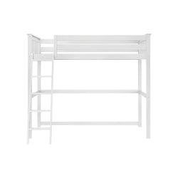 White loft bed with built-in ladder and wooden frame for modern bedroom furniture.