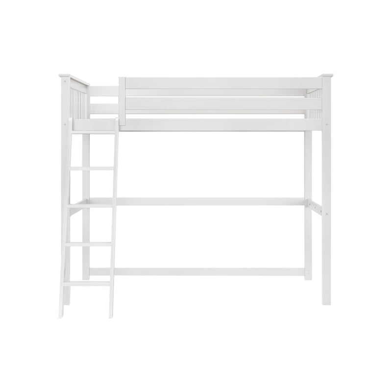 White wooden loft bed frame with ladder and safety rails, space-saving twin loft bed for kids and small bedrooms, modern minimalist design