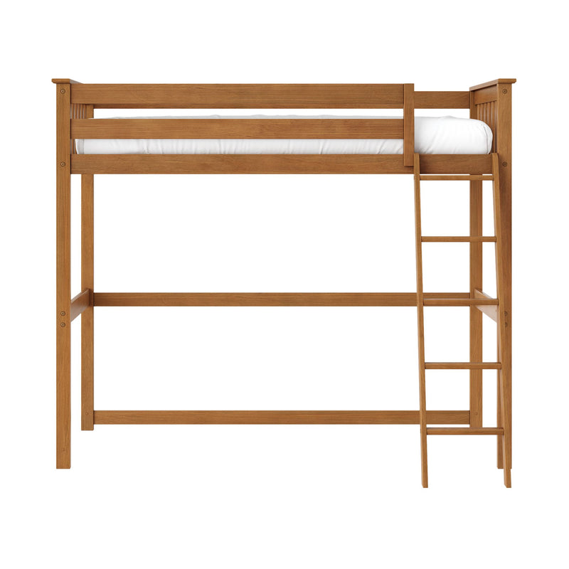 Solid oak wooden loft bed frame with guardrails and ladder, twin white mattress, space-saving elevated bunk bed