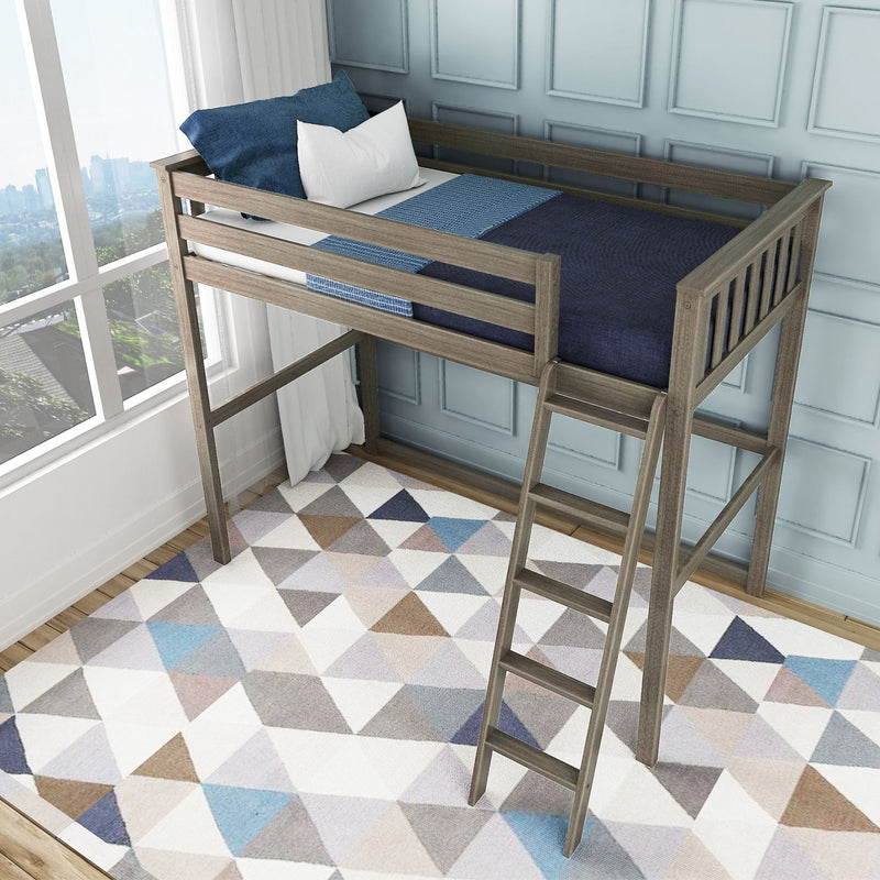 Wooden twin loft bed with ladder, navy and blue bedding and white pillow over a geometric area rug by a large window city view