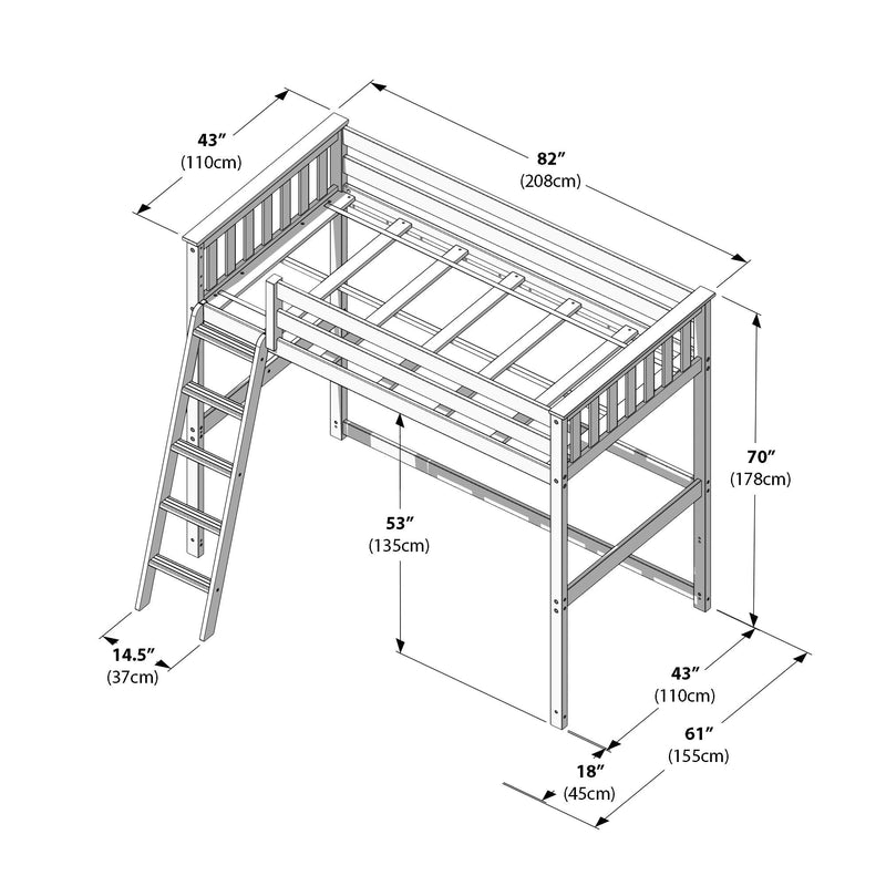 Loft bed frame dimensions with ladder, showing detailed measurements in inches and centimeters, highlighting space-saving furniture design.