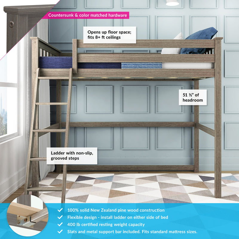 Space-saving solid New Zealand pine loft bed with ladder and non-slip grooved steps, color-matched hardware, 51½" headroom fits 8+ ft ceilings, 400 lb certified capacity with slats and metal support bar included