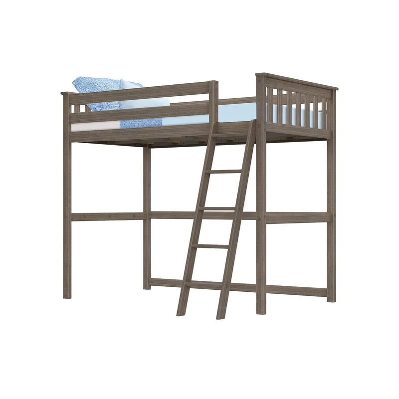 Twin gray wood loft bed with angled ladder and slatted safety rails, light-blue mattress and pillows — space-saving wooden loft bed for kids and teens