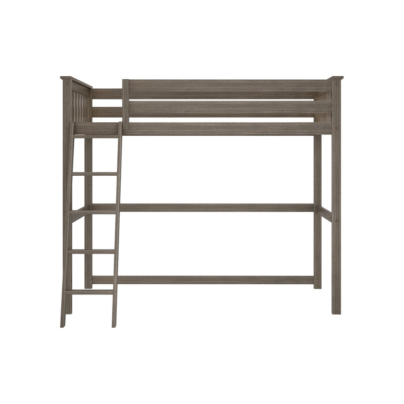 Weathered gray oak wooden loft bed frame with ladder and slatted guardrail, space-saving twin platform bed for kids' bedrooms