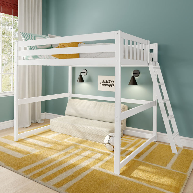 Kids white loft bunk bed in teal bedroom with ladder, yellow striped rug, pillows, wall sconces and soccer ball
