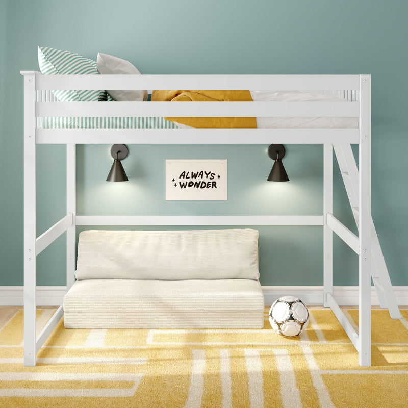 White wooden loft bunk bed in kids' bedroom with mint-green wall, striped pillows, yellow throw blanket, wall sconces and soccer ball
