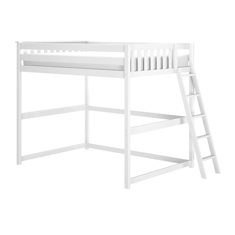 White wooden loft bed with ladder and guardrails, space-saving twin elevated bed for kids' bedroom