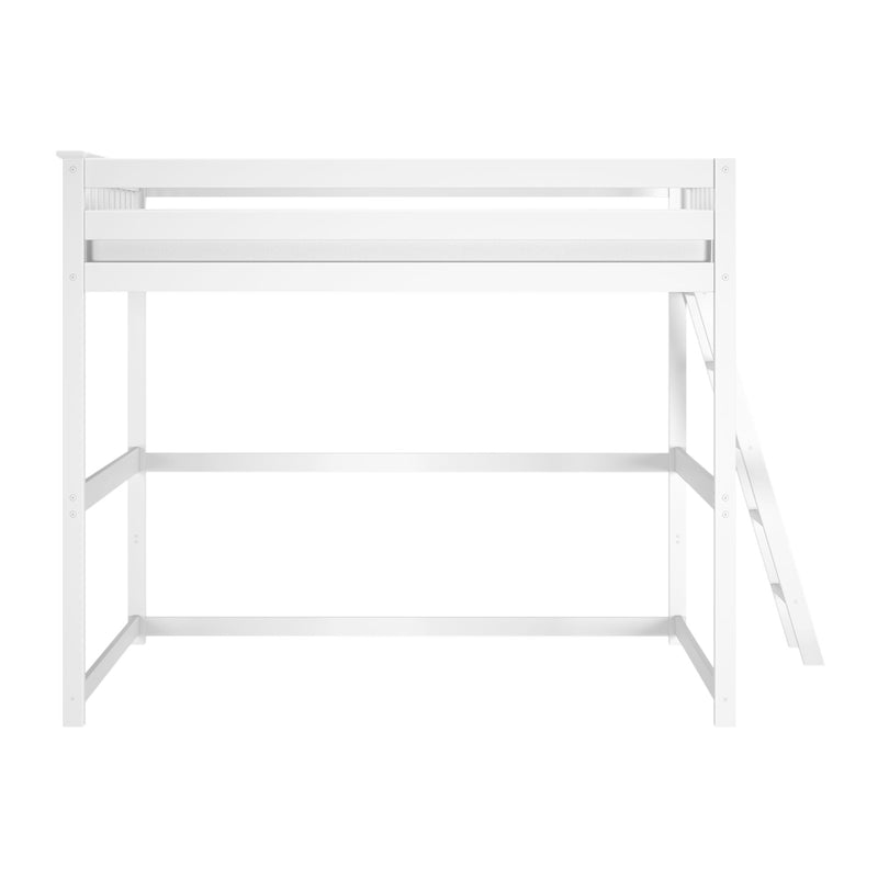 White wooden twin loft bed frame with guardrails and ladder — modern space-saving kids' bedroom bunk bed