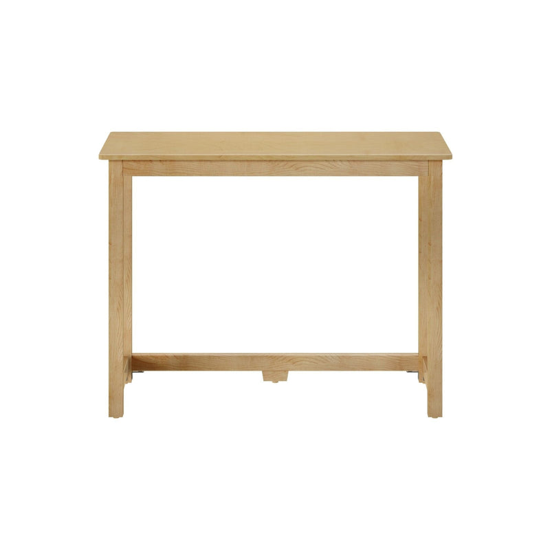 Natural light maple wood narrow console table with rectangular top, straight square legs and stretcher base, minimalist modern farmhouse style