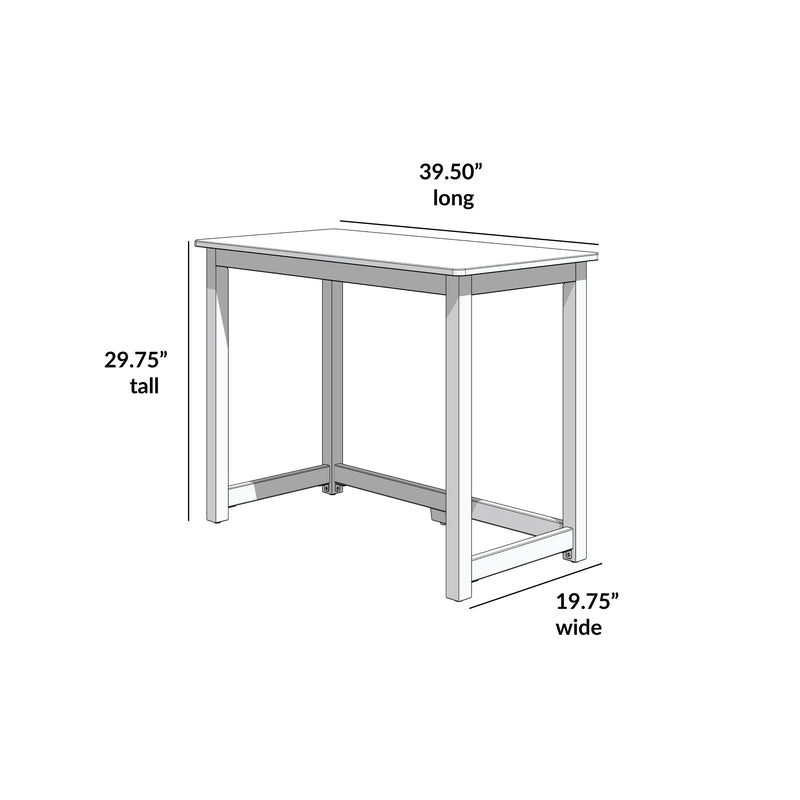 Line drawing of a wooden pub-height table with crossbar supports showing dimensions 39.5 in long × 19.75 in wide × 29.75 in tall