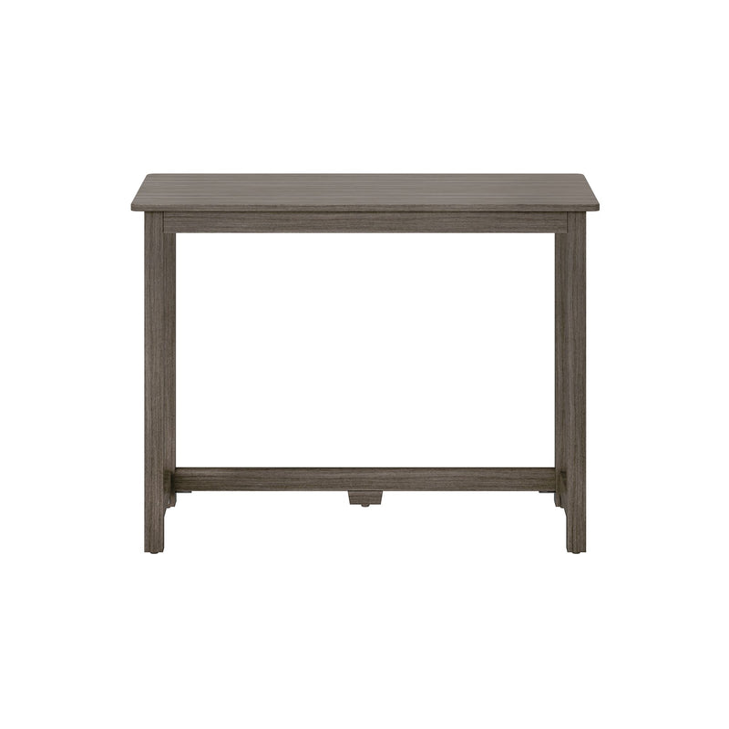 Rectangular gray oak wooden console table with straight legs and bottom stretcher in a modern farmhouse finish