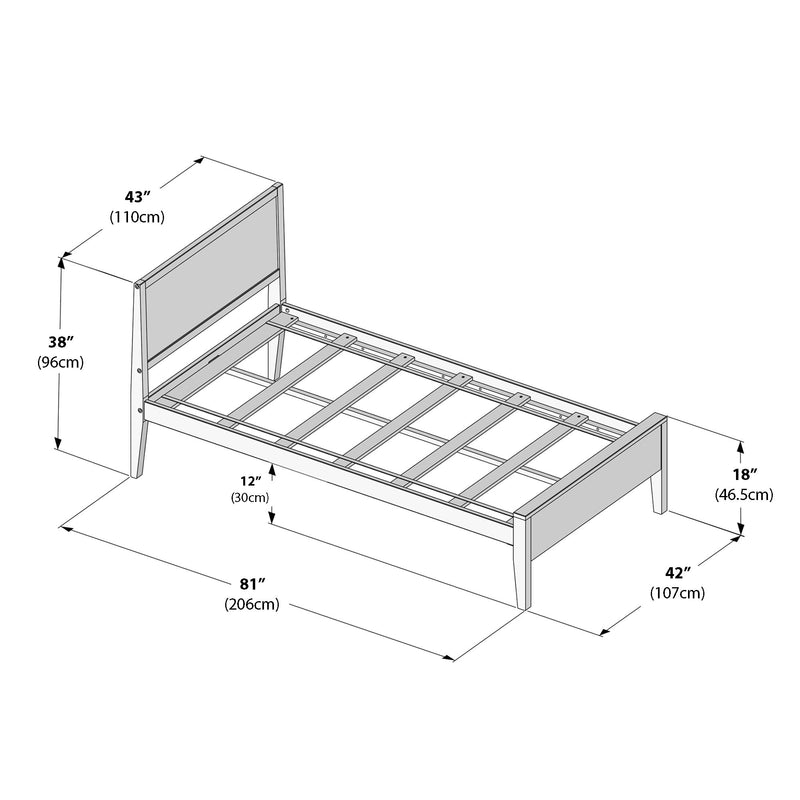 Isometric diagram of a wooden platform bed frame with slatted base and headboard, labeled dimensions 81" x 42" (206 x 107 cm) and headboard 43" (110 cm)