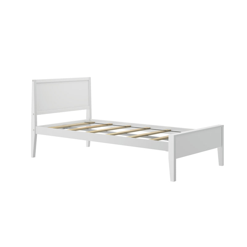 White wooden twin platform bed frame with headboard and slatted base, modern minimalist design for small bedrooms.