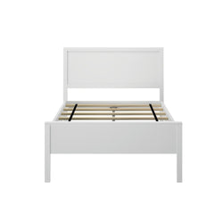 Modern white wooden bed frame with headboard, ideal for contemporary bedroom design.