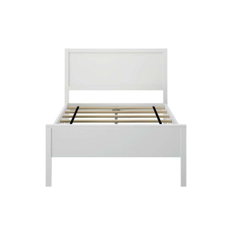 White wooden bed frame with slatted base and paneled headboard, modern minimalist bedroom furniture on white background