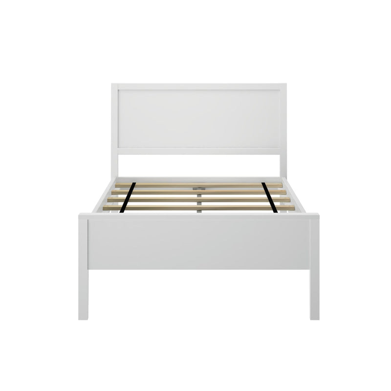 White wooden bed frame with slatted base and paneled headboard, modern minimalist bedroom furniture on white background