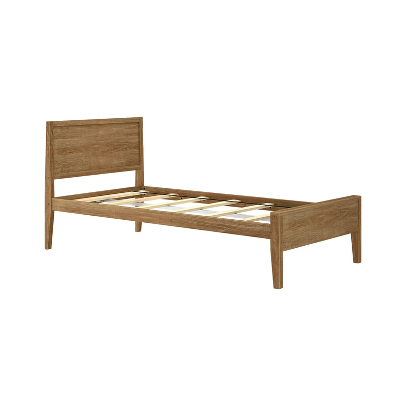 Wooden platform bed frame in natural oak finish with slatted support rails and minimalist mid-century modern headboard
