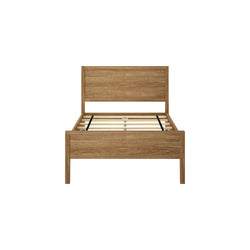 Wooden king-size bed frame with headboard in natural oak finish.