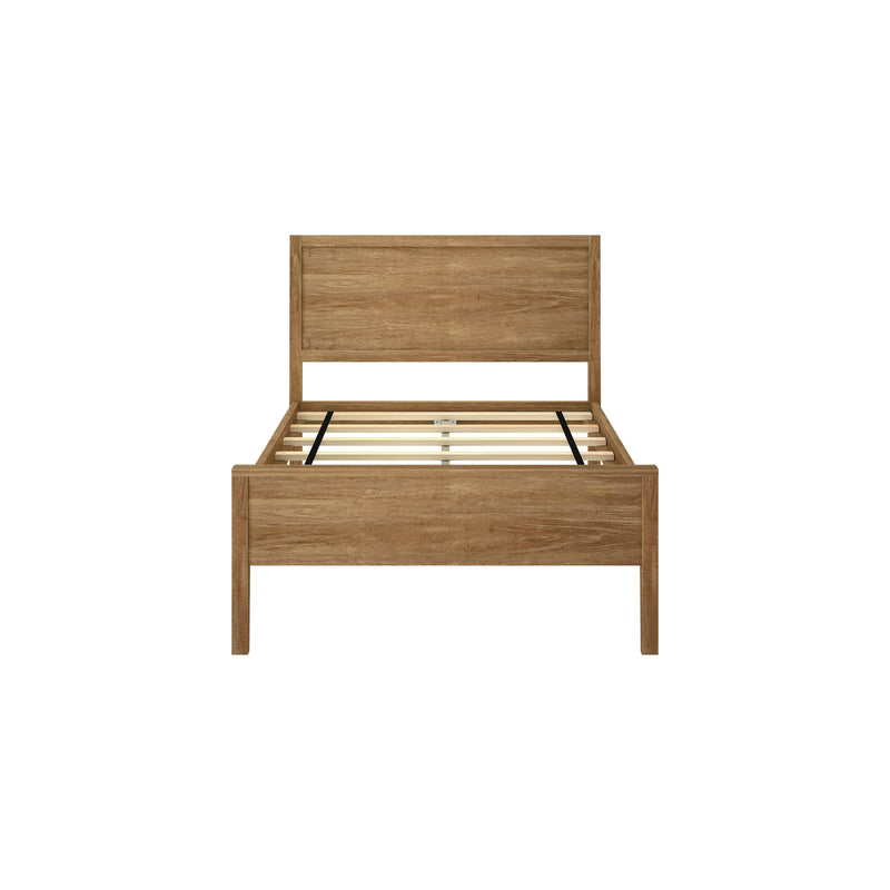 Natural oak wooden platform bed frame with slatted base and rectangular panel headboard, minimalist rustic bedroom furniture