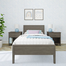 Modern bedroom interior with wooden bed frame, cozy white bedding, and decorative nightstands featuring lamps, plant, and wall art.