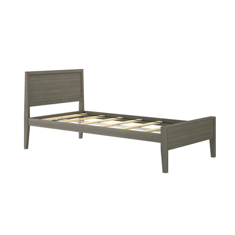 Twin gray oak platform bed frame with slatted wood support and simple headboard — modern minimalist single bed for small bedrooms