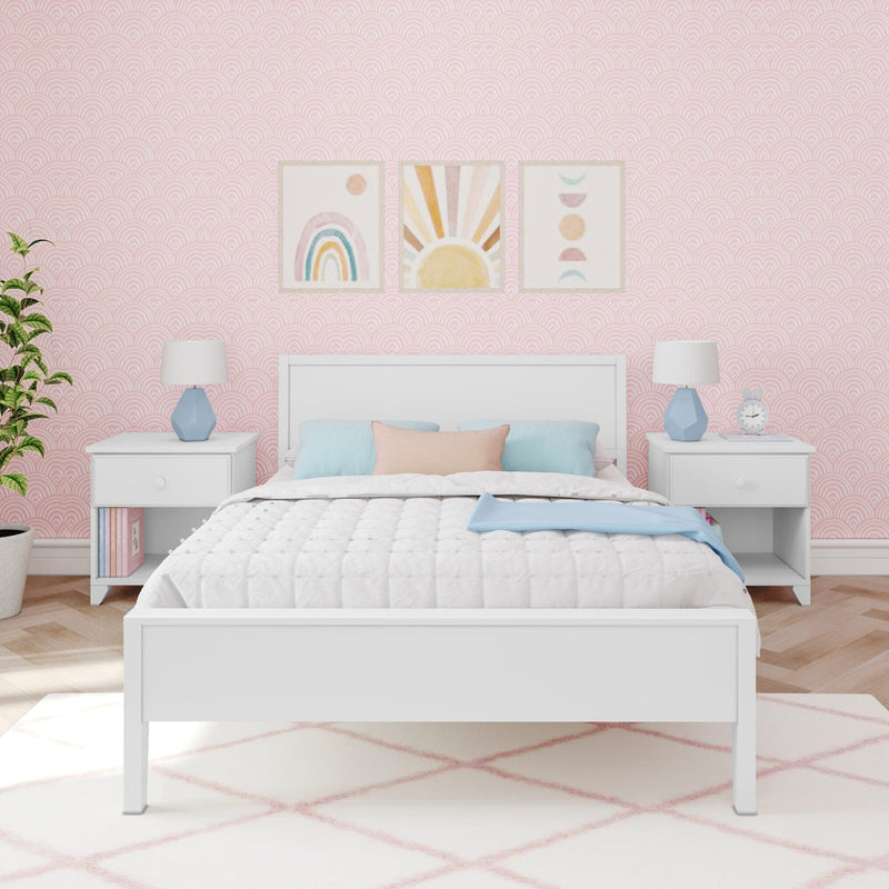 Stylish modern bedroom with white furniture, pink patterned wallpaper, and pastel decor.