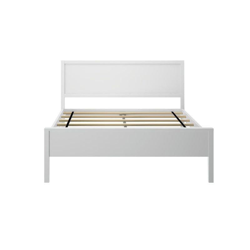 White platform bed frame with rectangular headboard and wooden slat mattress support on a white background, modern minimalist bedroom furniture
