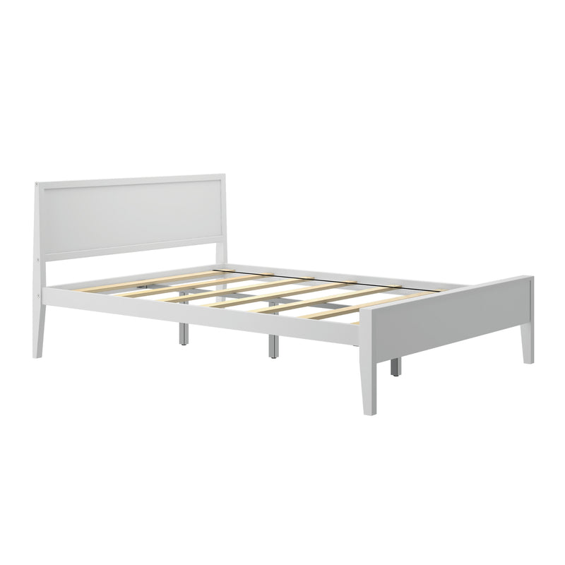 White wooden platform bed frame with slatted wood support and simple headboard on white background