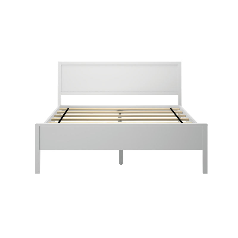 White wooden bed frame with paneled headboard and wooden slatted platform, minimalist modern design