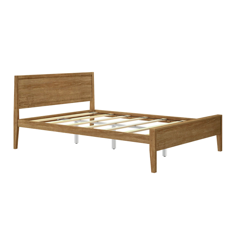 Natural oak wooden platform bed frame with slatted mattress support and minimalist headboard