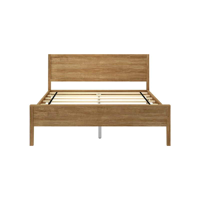 Natural oak wooden platform bed frame with rectangular headboard and slatted base