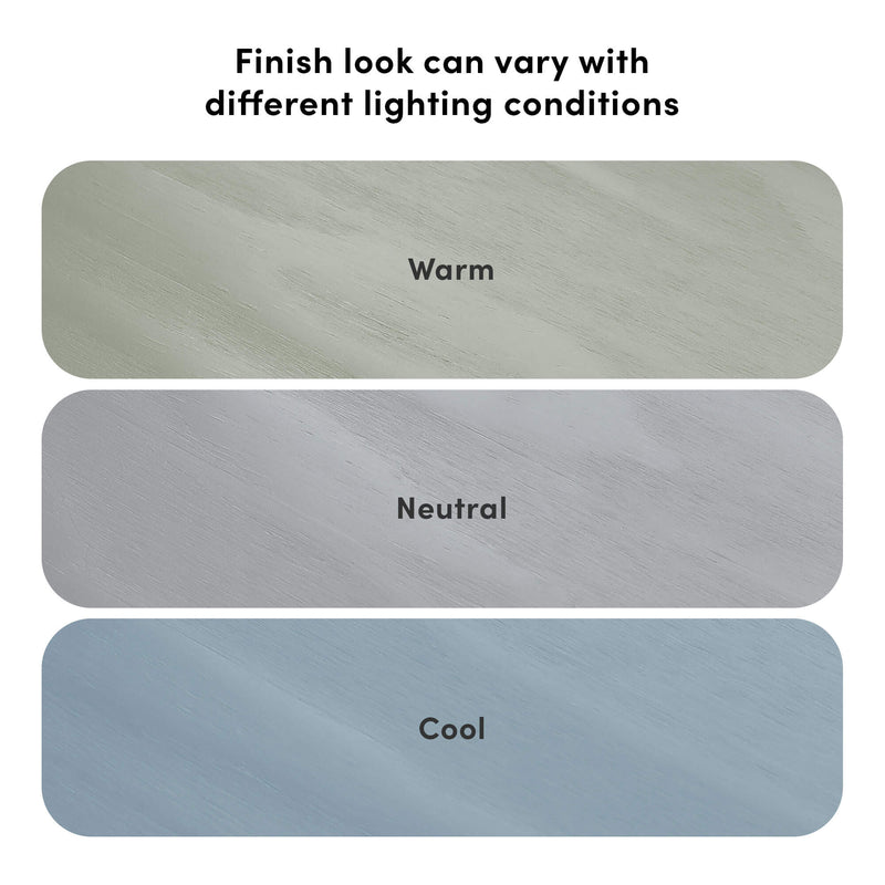 Wood grain finish samples labeled "Warm," "Neutral," and "Cool" showing how finish look and color vary under different lighting conditions